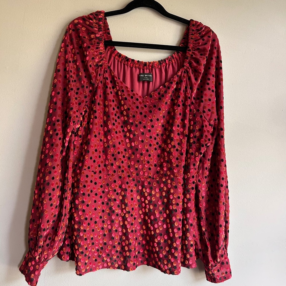 Lane Bryant Velvet Flocked Polka Dot Blouse Red Square Neck‎ Bishop Sleeve 14/16